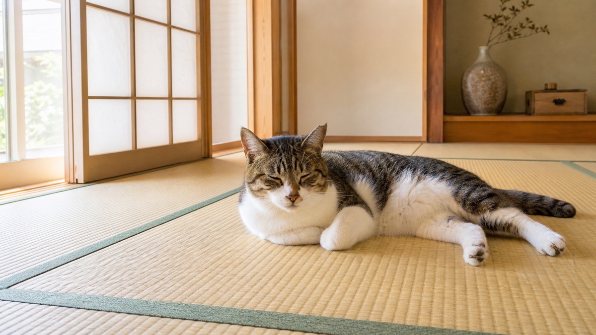 和室の畳でくつろぐ猫のイメージ