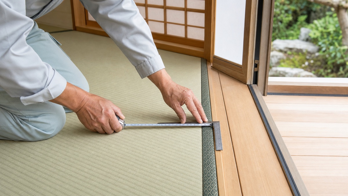畳職人が和室の畳をメジャーで採寸している様子