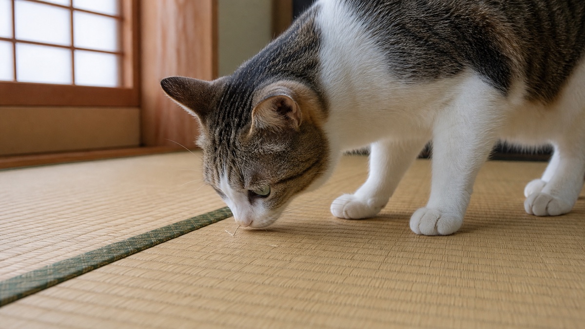 畳の小さなほつれを確認する猫のイメージ
