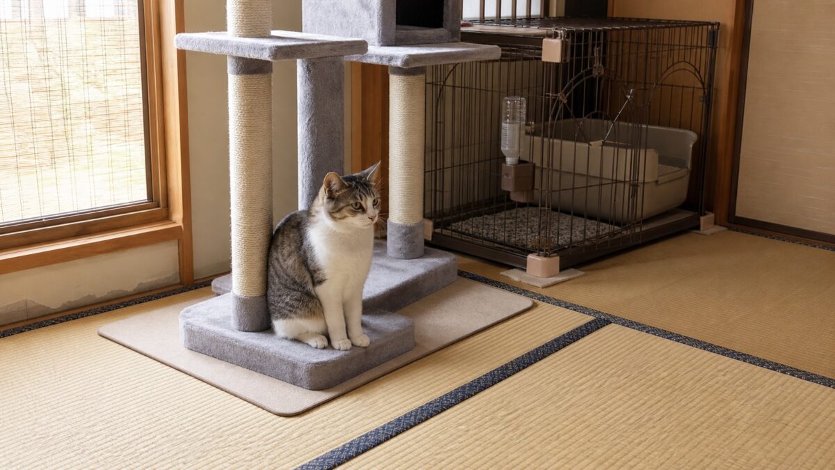 畳の上に置いたキャットタワーと猫