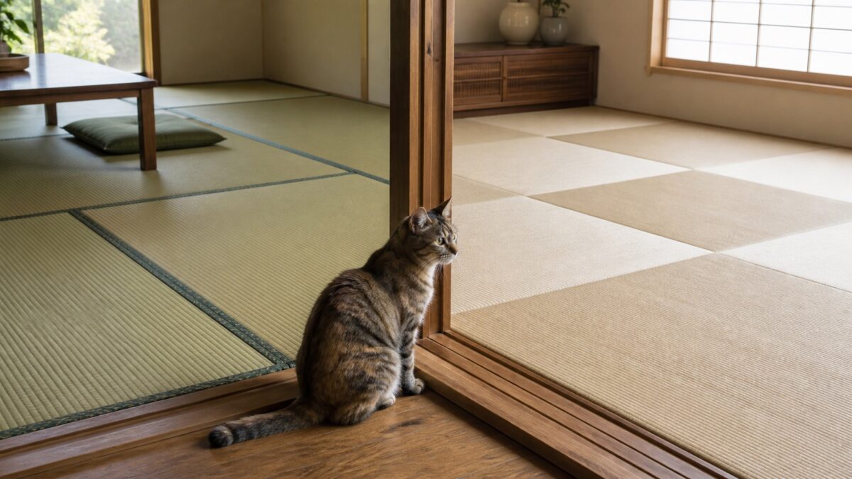 縁付き畳と縁なし畳の和室を見比べる猫