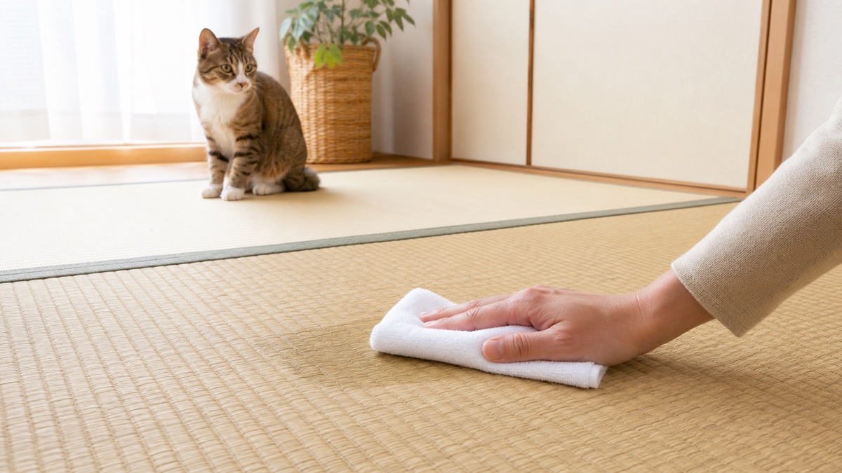 猫を離して畳の水分を白い布で吸い取る掃除のイメージ
