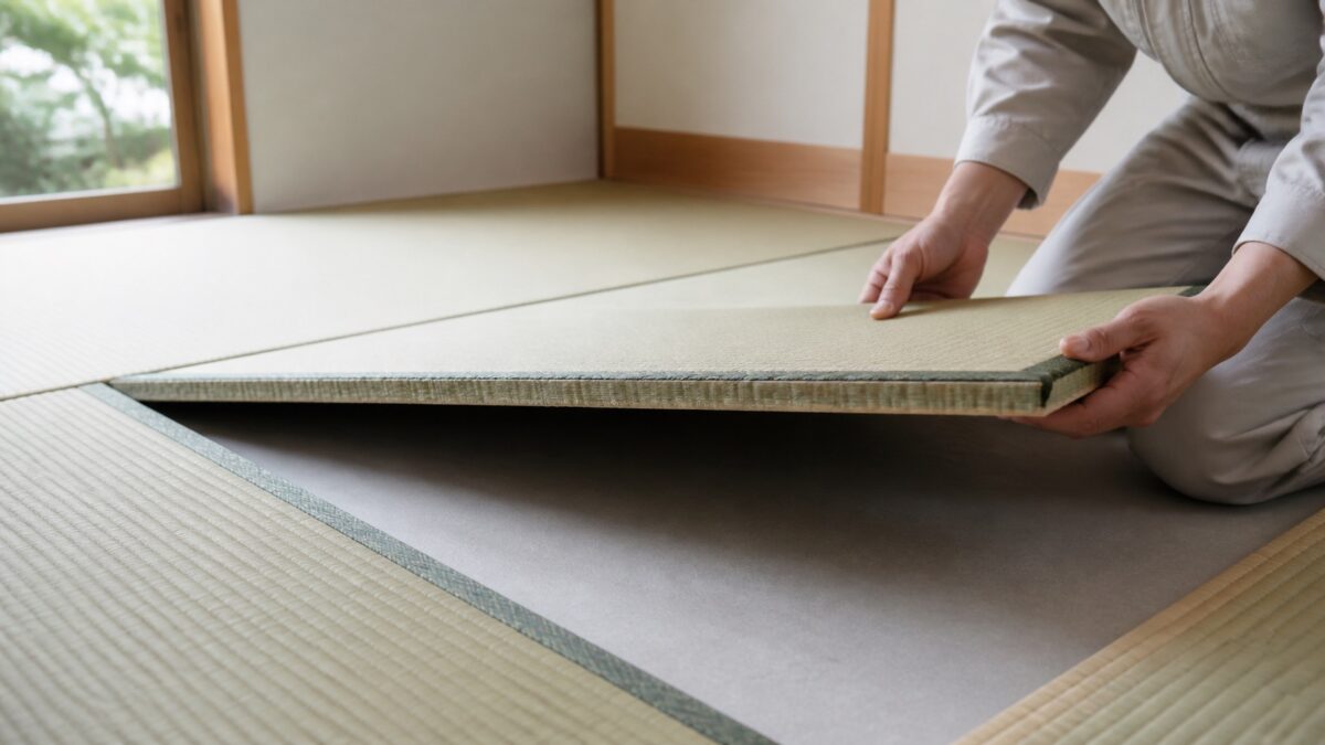 床暖房の下地と薄い畳の厚みを確認する職人
