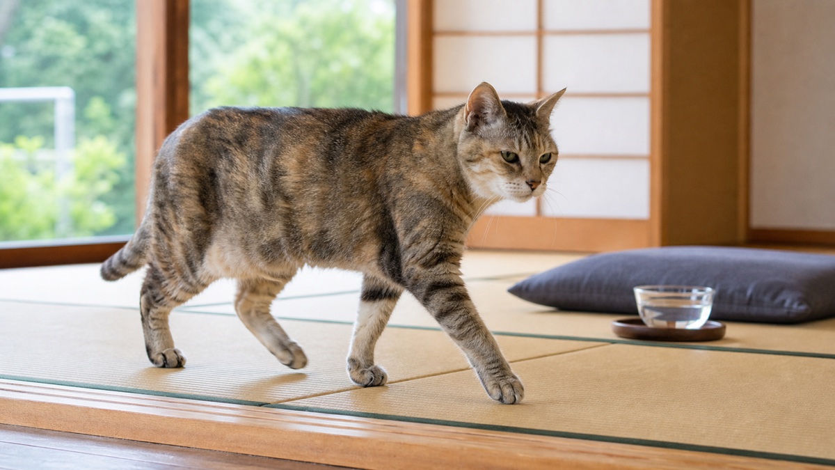 段差の少ない畳の和室を歩くシニア猫のイメージ