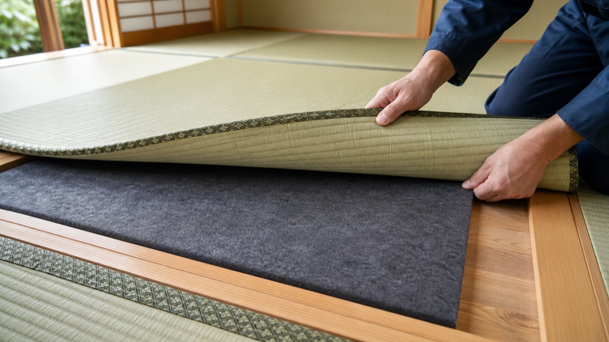 畳の下に竹炭パワーシートを敷く様子