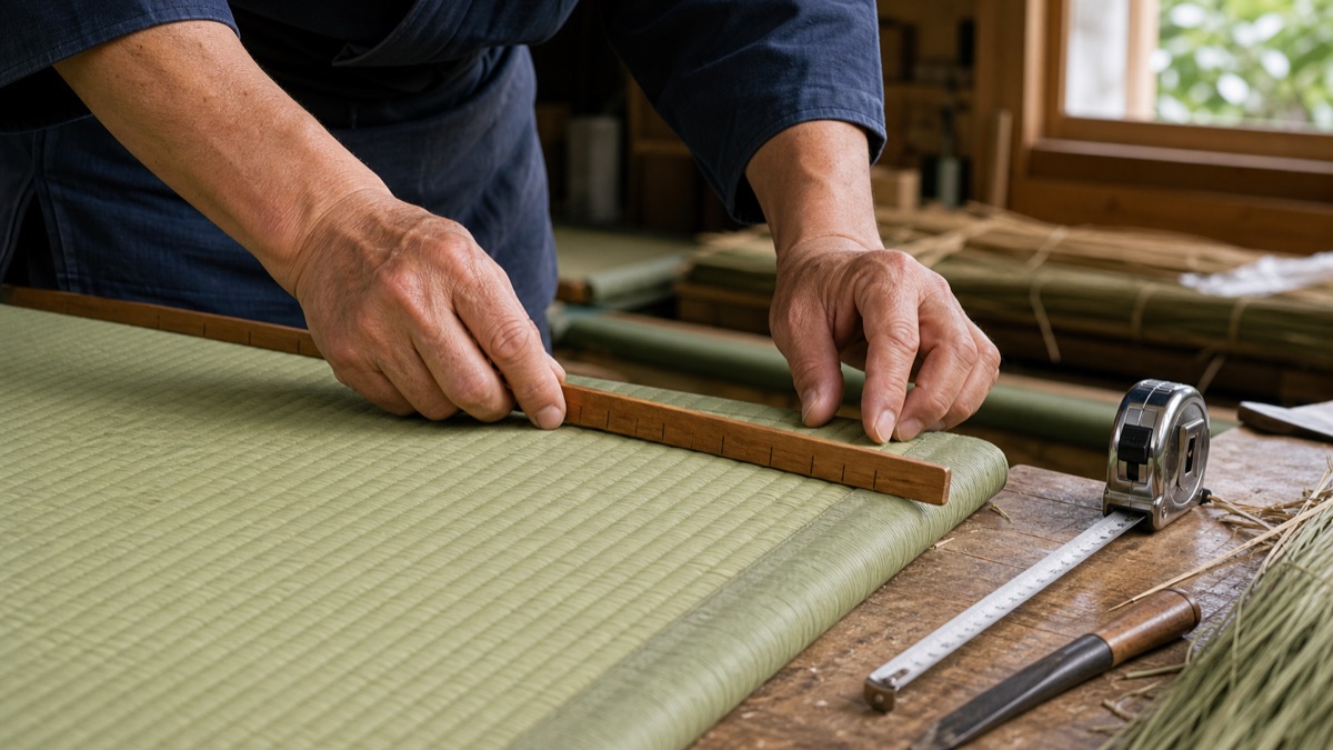 畳職人が尺貫法の物差しで畳を測る様子