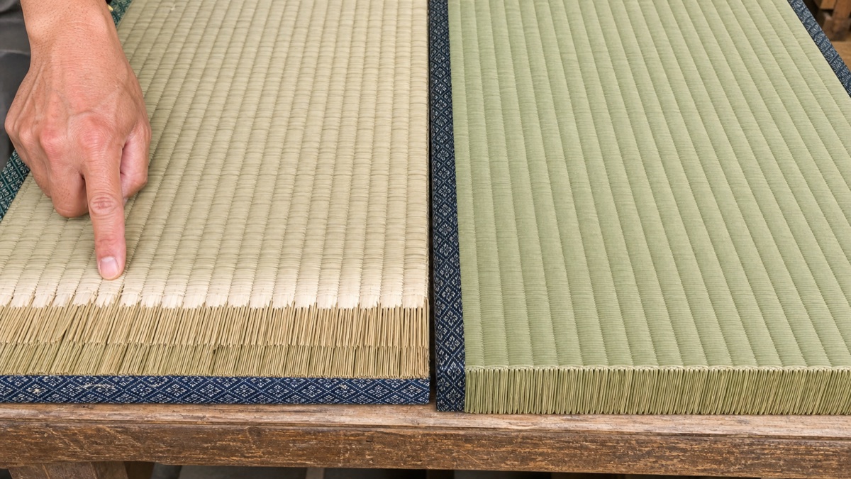 張り替え直後の畳表の品質差を比較する様子