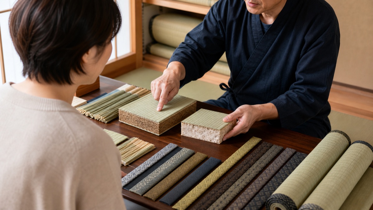 畳表の見本を見ながら説明を受ける相談者