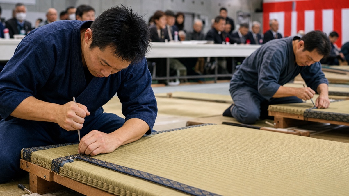 畳製作の技を競う職人の手元