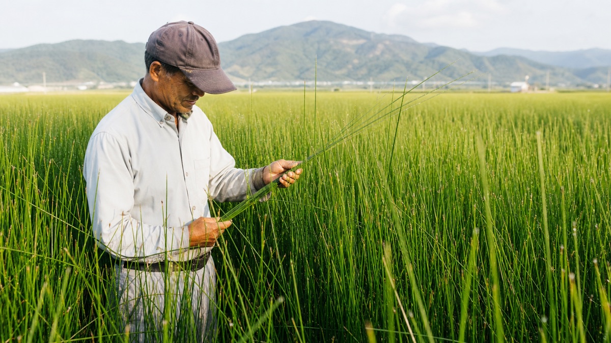 収穫前の佐賀県産い草を確認する生産者