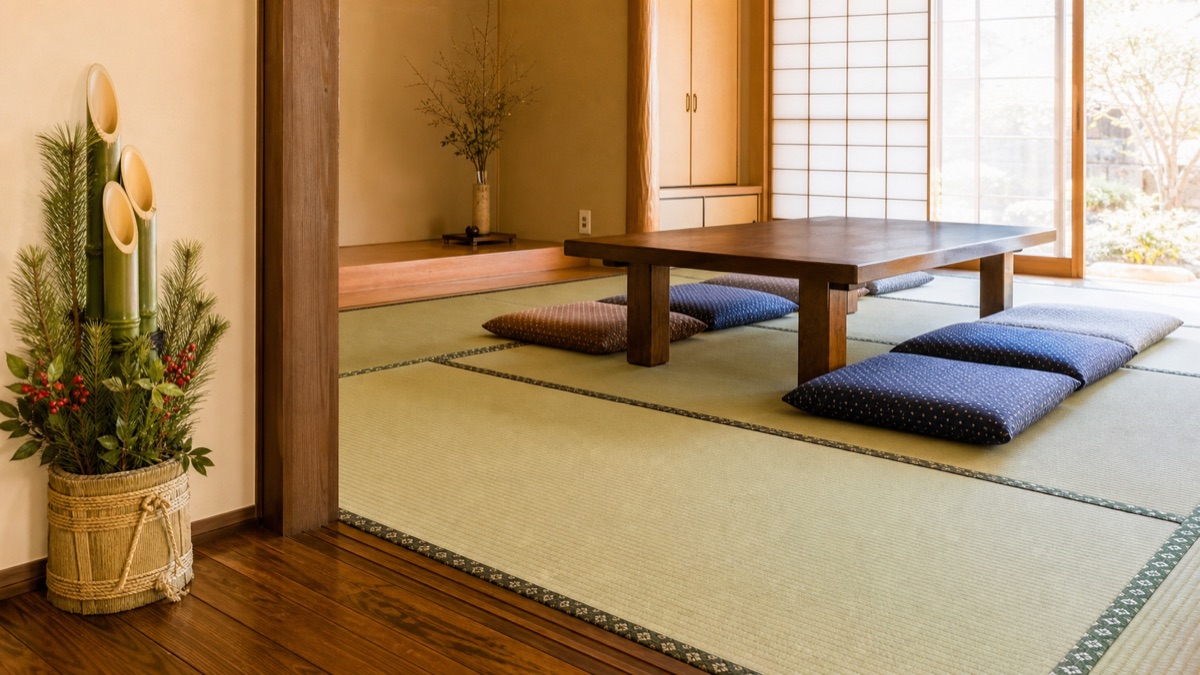 正月前に新しい畳を納める準備をする職人