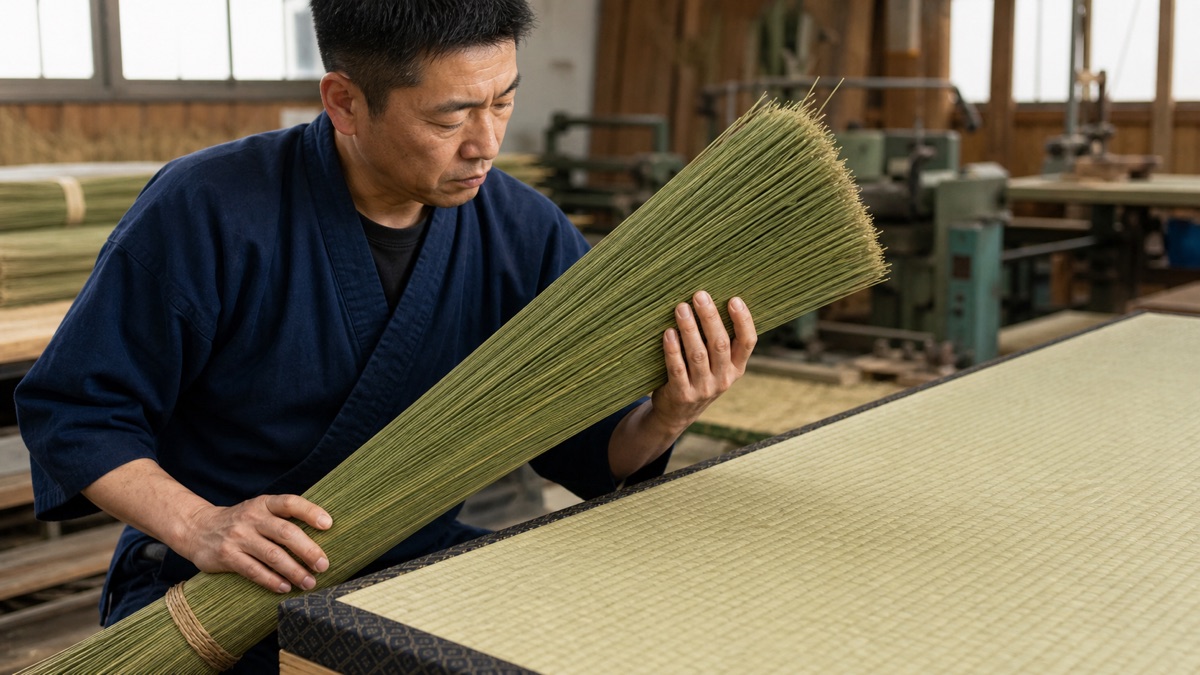 国産い草の束を手に品質を確認する畳職人