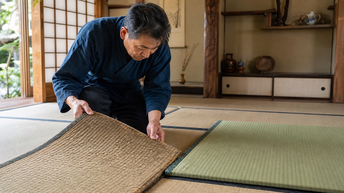 古い畳と新しい畳を比較して交換時期を確認する職人