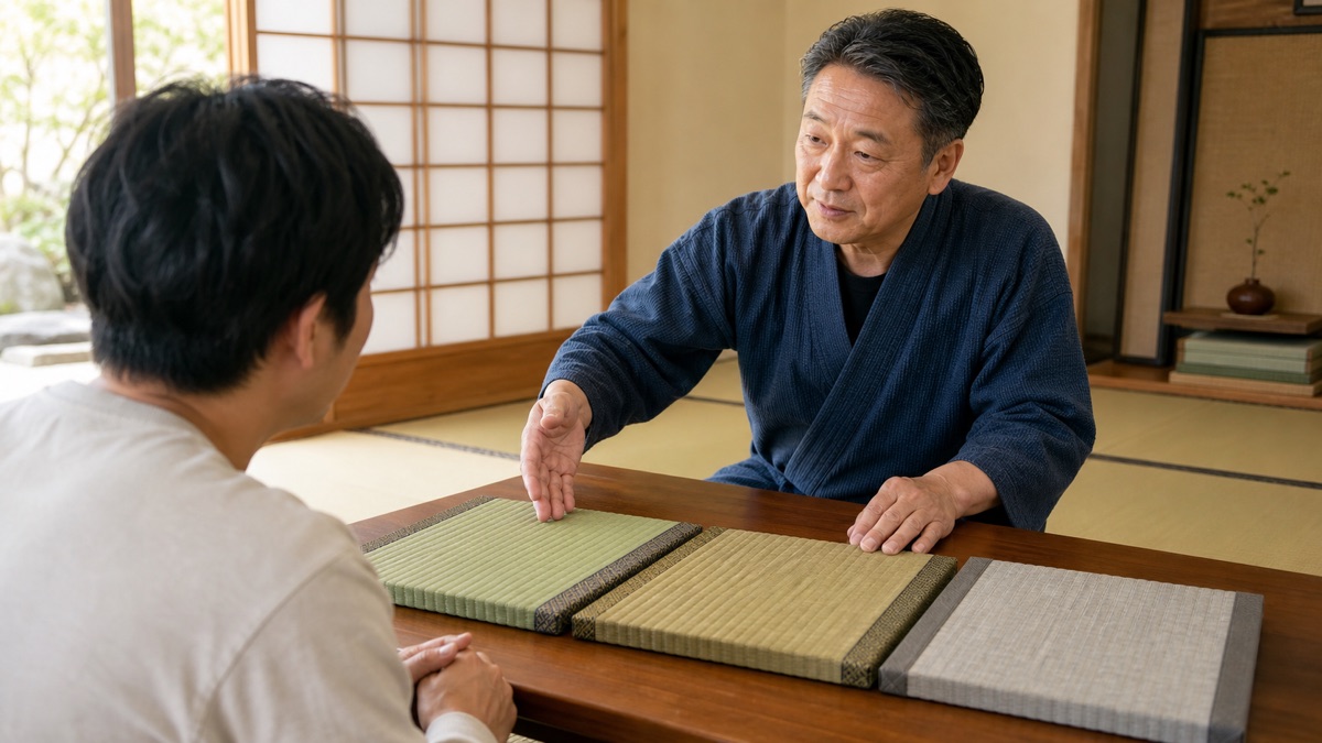 畳表の見本を比較しながら選び方を説明する職人