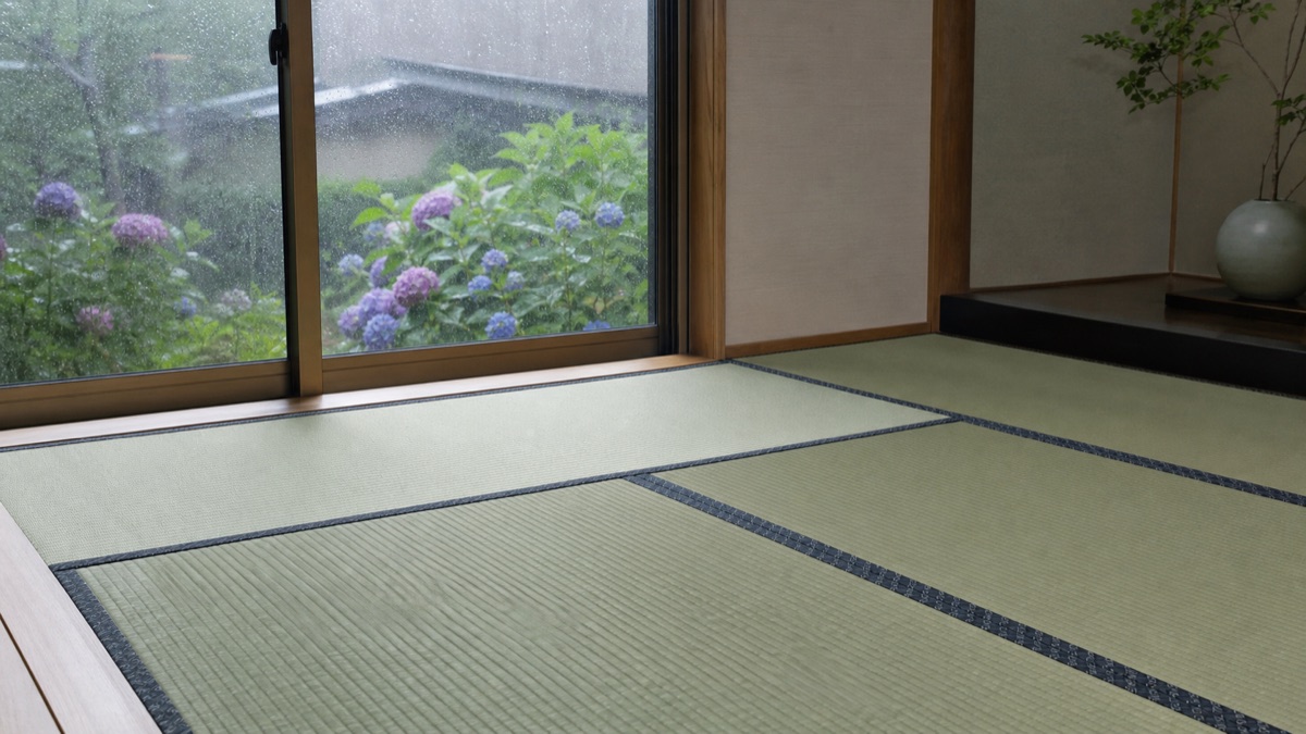 梅雨時期の和室で畳の湿気を確認する様子