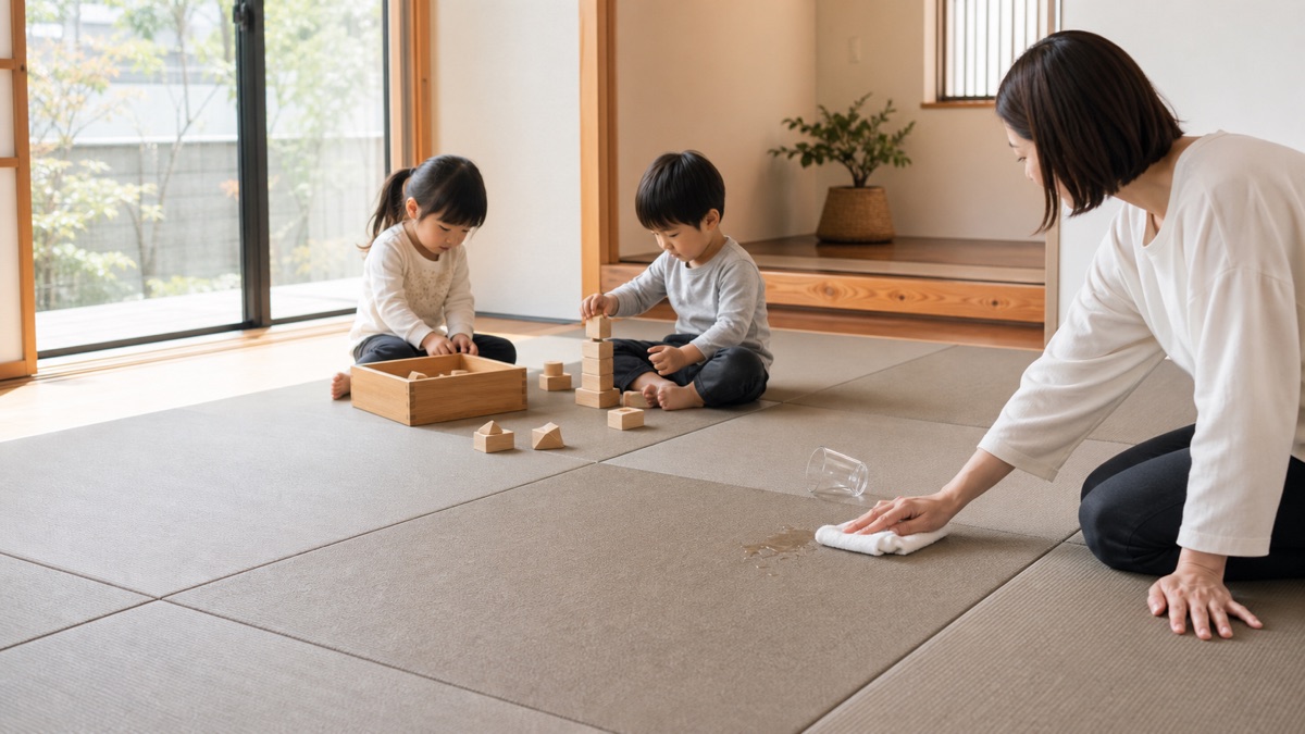 子どもが遊ぶ和室で飲みこぼしを拭き取るMuKiZu-Tatami