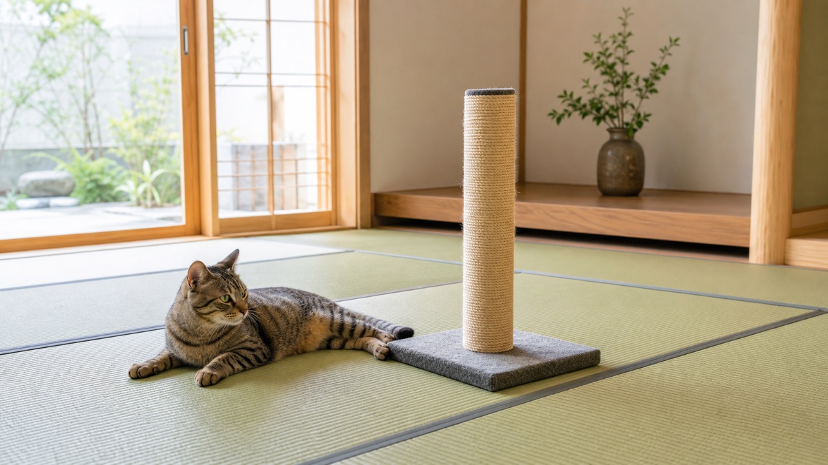 明るい和室の畳でくつろぐ猫と専用の爪とぎ