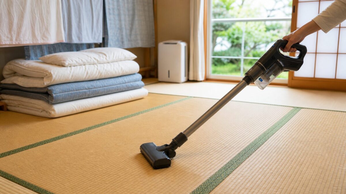 畳の目に沿って掃除機をかける和室