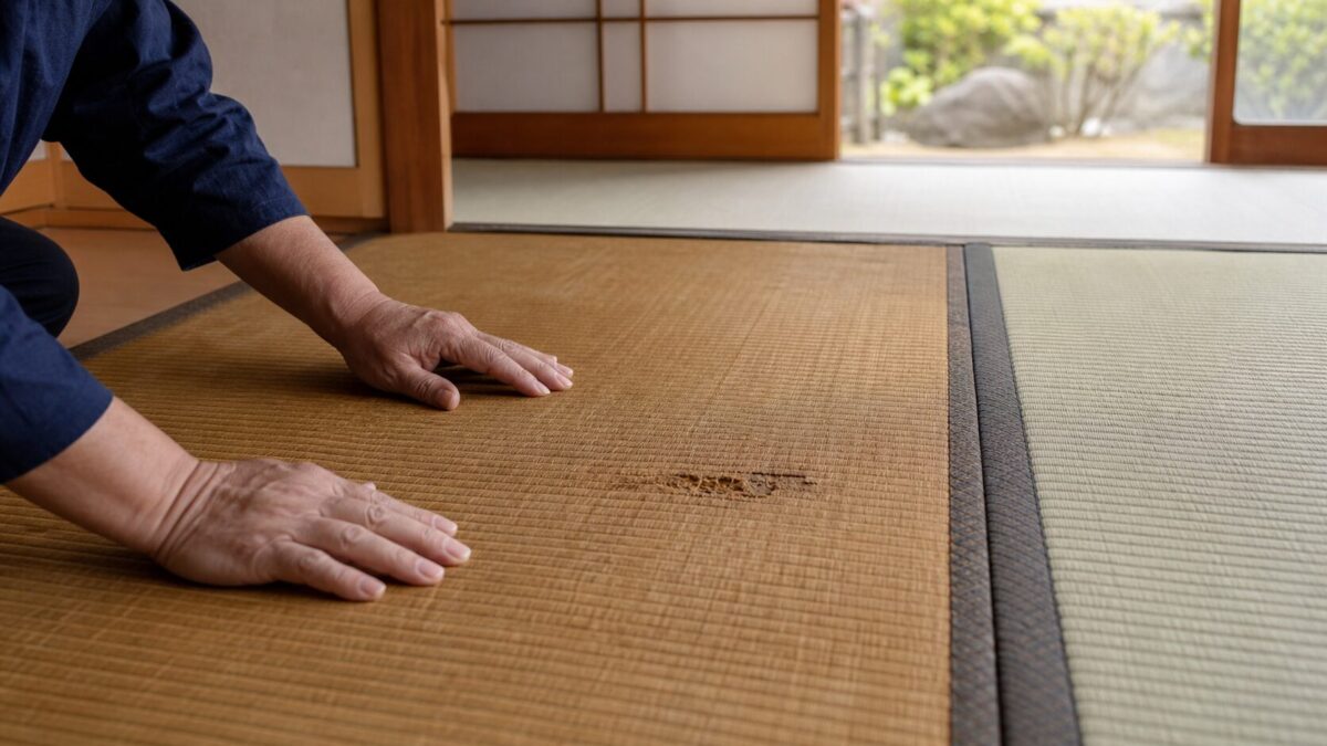 古く傷んだ畳表を手で確認する畳職人