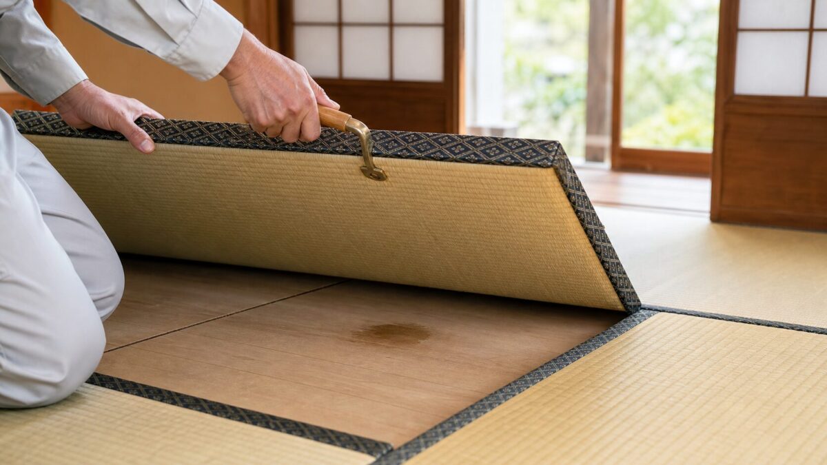 畳を持ち上げて床下の湿気を確認する職人