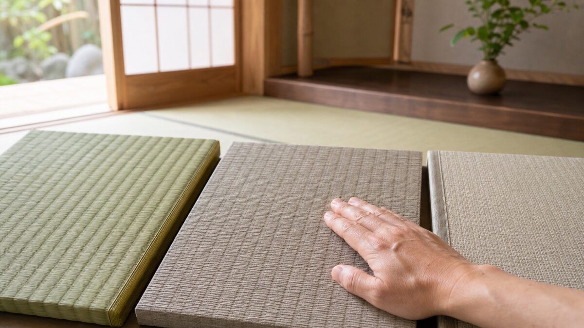 国産い草・樹脂畳・和紙畳の見本を手で比べている様子
