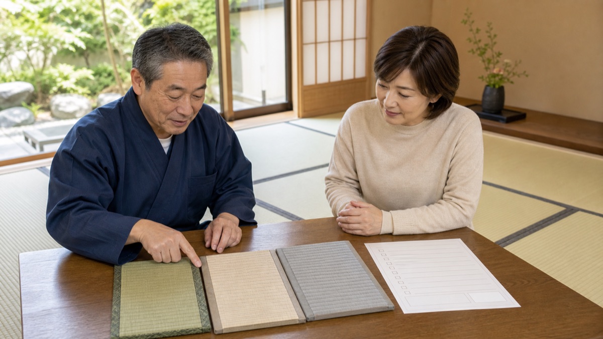 畳表の見本と見積もり内容を確認する相談者と畳職人