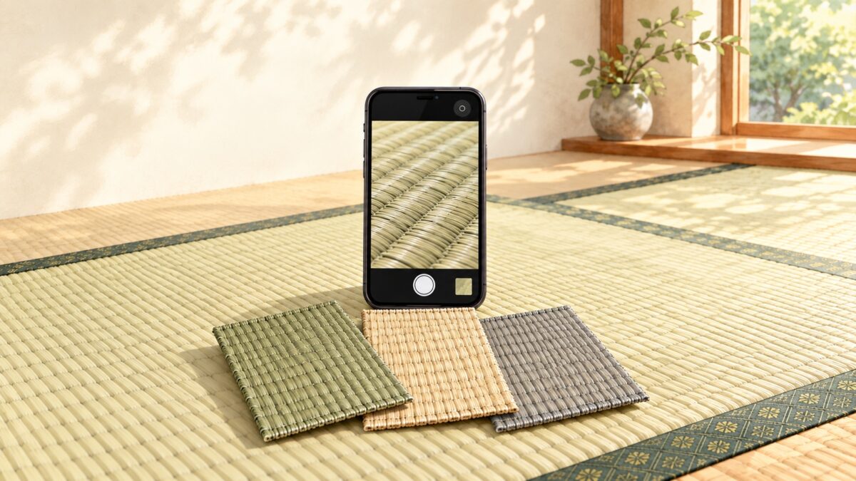 畳表の見本と、畳の織り目を写したスマートフォンのイラスト