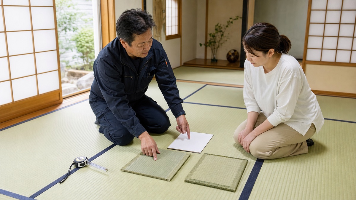 6畳和室で畳表の見本と張り替え費用を確認する様子