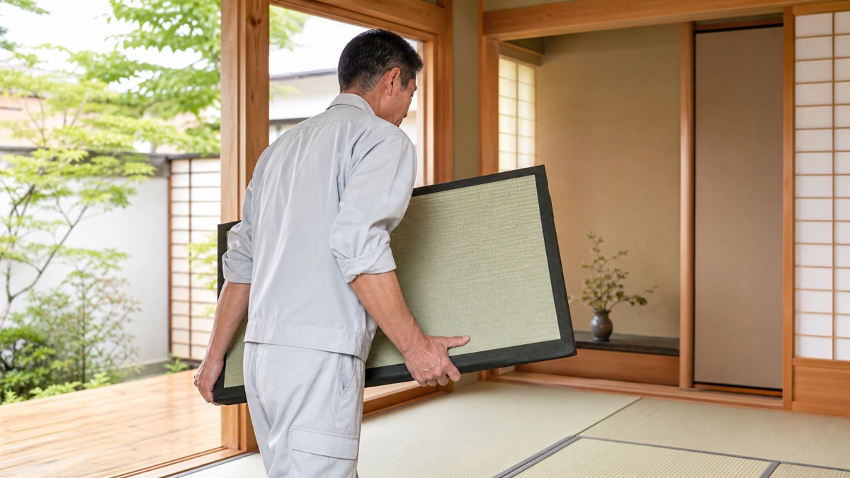 新しい国産い草の畳を明るい和室へ運ぶ畳職人